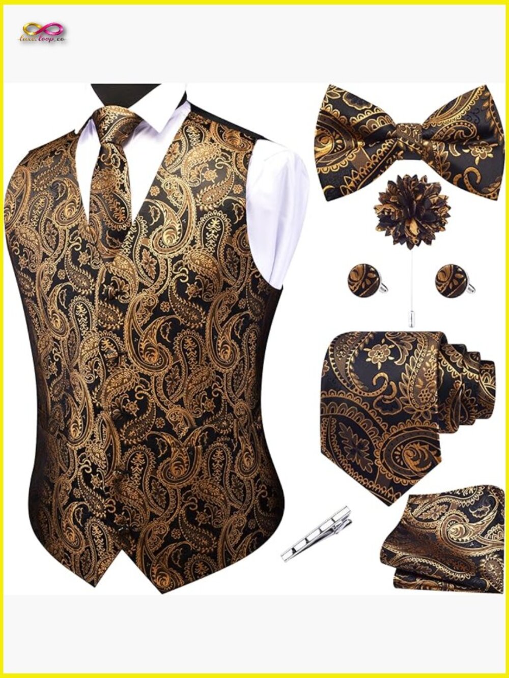 Men's V-Neck Suit Vest Formal Paisley Jacquard Silk Blend Wedding Set Classic
